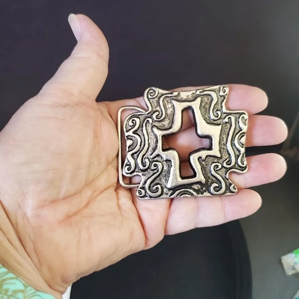 Gothic Cross Belt Buckle Silver Tone Openwork Scroll Western Biker Statement